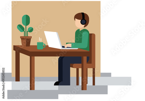 A young professional works remotely at a coffee shop, focused on a laptop with a coffee and plant. Modern, bright, and productive workspace.