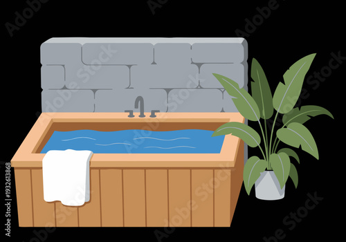 Relax and unwind in a luxurious wooden tub with a plush plunge. A potted plant adds a touch of nature to this serene spa scene. Perfect for wellness and relaxation visuals.