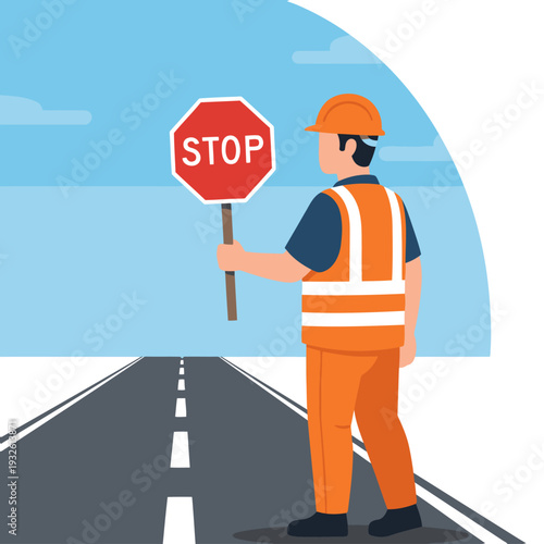 A road worker directs traffic with a stop sign, emphasizing safety. Bright colors and clear composition make this image ideal for commercial use.