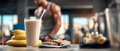 The glass of banana protein shake on gym counter with athlete in background