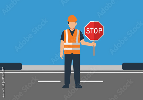 A road worker directs traffic with a stop sign, emphasizing safety. Clean, modern illustration style. Ideal for traffic signs, construction, and worker safety themes.