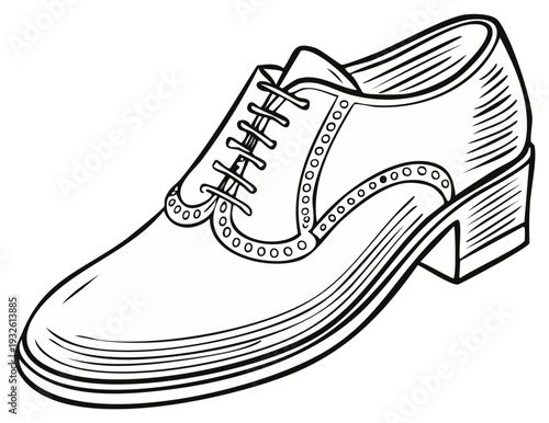 Classic Oxford shoe illustration in black and white, vector design.