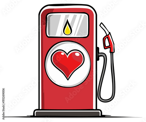 Red Gasoline Pump Dispenser with a Heart Symbol and Fuel Drop Illustration