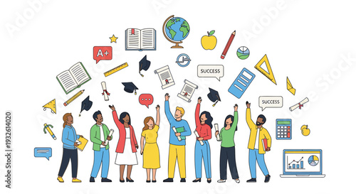 Set of colorful education icons and people vector