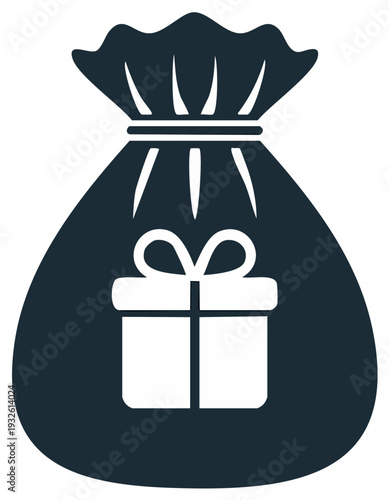 Bag of gifts icon illustration. Sack with white gift box and ribbon bow illustration.