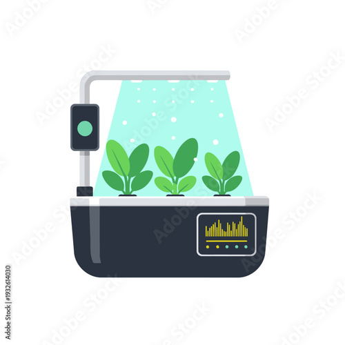 A sleek smart planter with sensor technology monitors thriving plants. Modern design, digital display, and vibrant greenery create a visually appealing and innovative gardening solution.