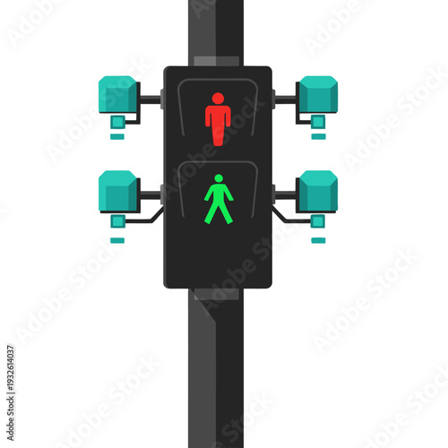 A sleek, smart pedestrian signal displays real-time data. Modern design, blue background, and clear digital time readout. Ideal for technology and urban concepts.