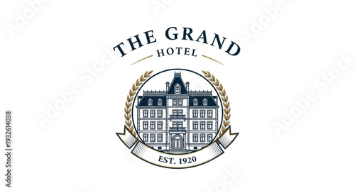 Elegant Grand Hotel Logo Depicting Architectural Splendor and Established History.