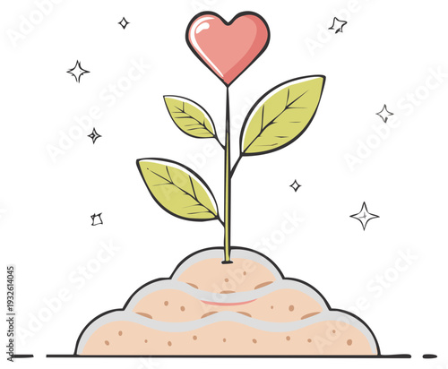 Cute heart plant growing from fertile soil with shining star elements