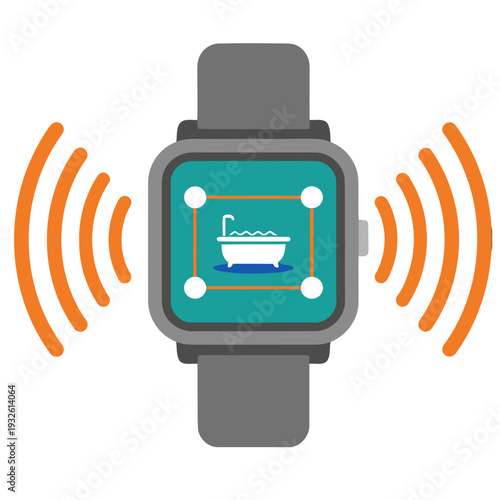 A smartwatch displays data syncing with a bathtub image. Modern, digital illustration. Clean, blue background highlights the wearable technology and visual connection.