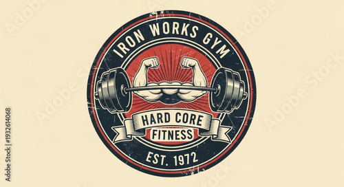 Iron Works Gym Hard Core Fitness Established 1972 Emblem Design.