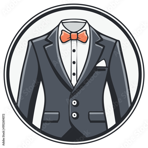 Formal suit with bowtie and pocket square in a circular emblem design representing elegance and professionalism
