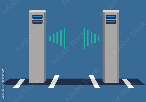 Store exit security scan illustration. Modern design featuring two scanners and a signal wave graphic. Clean, professional, and suitable for commercial use.