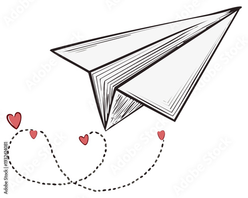 Paper airplane with hearts and dotted lines, graphic element for design