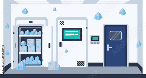 A stylized illustration depicts a cold storage micro zone with ice cubes and equipment. Clean, modern design with a focus on temperature control. Suitable for business and technology themes.