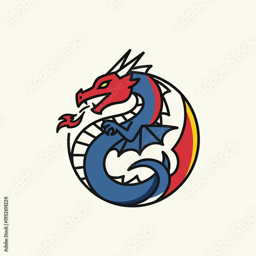 Stylized Dragon Emblem with Red Head and Blue Body.