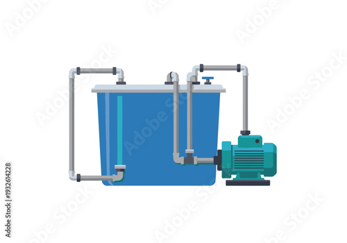 A stylized illustration depicts a hydro pump reservoir system with a pump and pipes. Clean, modern design with a blue tank and silver components. Ideal for technical or industrial themes.