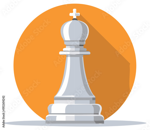 Iconic white chess piece bishop with cross emblem cast in shadow on an orange circle