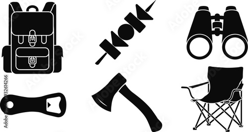 Set of black camping icons featuring backpack binoculars folding chair axe bottle opener and barbecue skewer silhouettes for outdoor adventure travel and hiking gear design