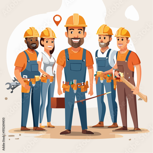 Diverse group of construction workers standing together with tools.