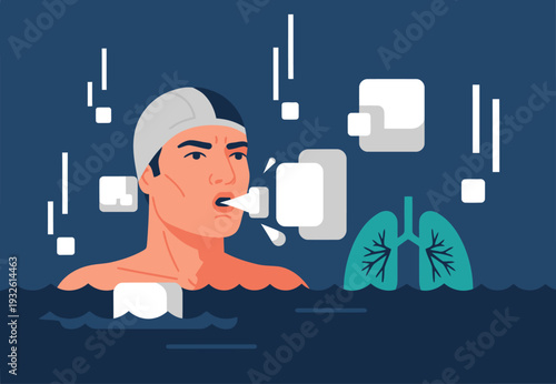 A swimmer performs a plunge breath recovery exercise, surrounded by floating squares. Illustrative style, focusing on athlete recovery and breath control. Dynamic composition.