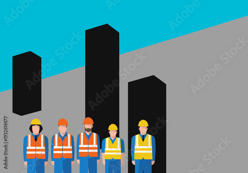 Team workers prioritize site safety with a collaborative approach. A modern illustration showcases construction professionals focused on a secure work environment.