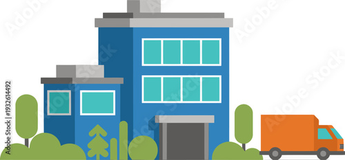 Urban warehouse logistics illustration. A modern warehouse building with delivery trucks showcases efficient local logistics. Clean, graphic style.