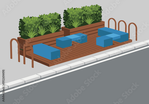 Urban parklet scene featuring modern seating, planters, and orange railings. A vibrant, inviting design for city life and outdoor spaces. Perfect for lifestyle and commercial use.