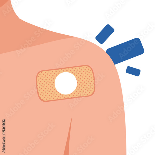 A vibrant illustration depicts a nicotine patch on a shoulder with a 'Health Quit' message. Bold blue accents highlight the warning. Clean, modern style.