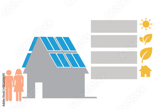 A vibrant illustration showcases a modern home with solar panels, a couple, and a growing plant, symbolizing sustainable living and real estate. Bright, clean design.