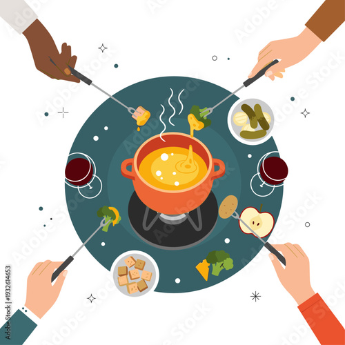 Flat Vector Illustration of a Cozy Cheese Fondue Party