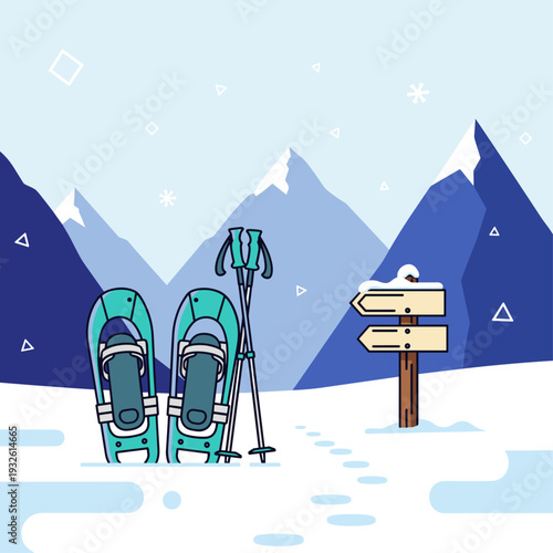 Flat Vector Illustration of a Winter Snowshoe Trail Viewpoint