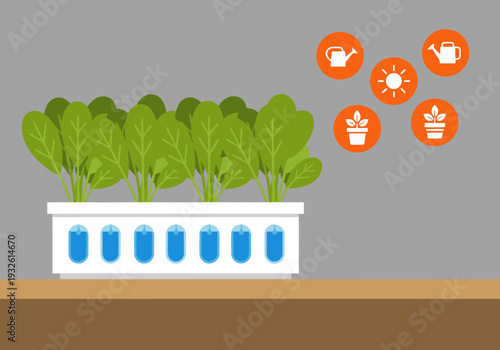 A vibrant indoor green leaf plant thrives in a white planter, surrounded by care icons. Modern, clean design for home and lifestyle visuals.