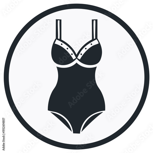 Iconic black swimsuit illustration in a white circular frame