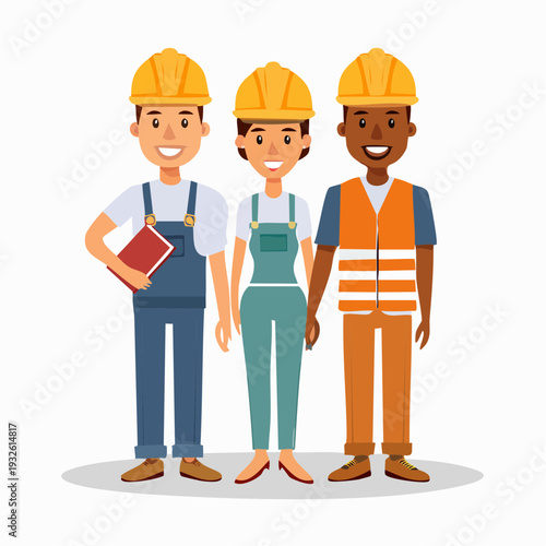 Diverse group of construction workers wearing hard hats and uniforms.