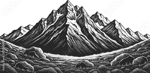 Jagged Mountain Peaks with Rocky Terrain Black and White Illustration