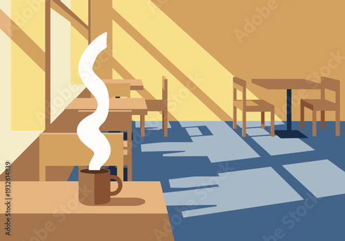 A warm, inviting cafe scene bathed in sunlight. A mug sits on a table, creating a subtle steam effect. Modern design and a tranquil atmosphere.