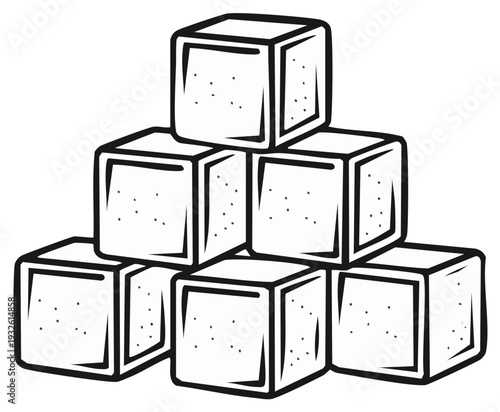 Stack of sugar cubes illustration. Black and white drawing of sweetener blocks arranged in a pyramid shape.