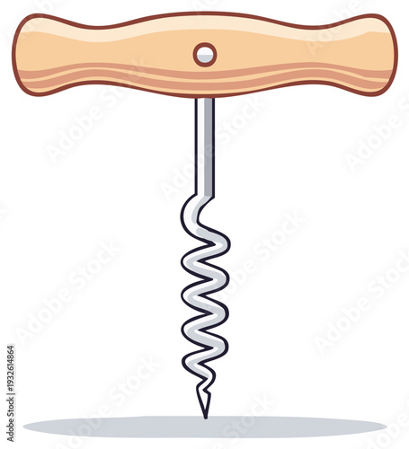 Wine Opener Illustration with Wooden Handle and Spiral Worm, Kitchen Tool Isolated on White