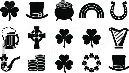 St. Patrick's Day Black Silhouette Icon Set featuring Shamrocks Leprechaun Hats Pot of Gold Rainbow Horseshoe Celtic Cross Beer Harp and Lucky Coins Vector