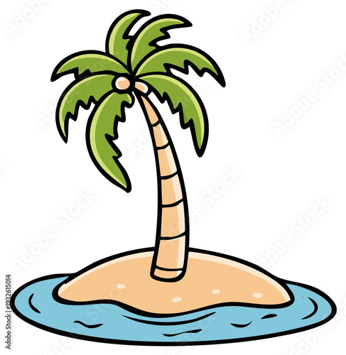 Cartoon illustration of a lone palm tree on a small island surrounded by blue ocean water