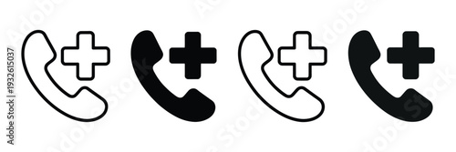 Telephone receiver icon with plus symbol, emergency call concept, medical assistance hotline, urgent contact help line, flat vector illustration.