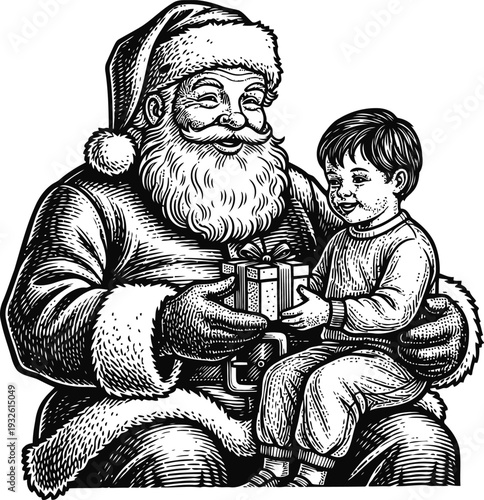 Santa Claus Giving Gift to Child Festive Holiday Gift Exchange Vintage Illustration Style