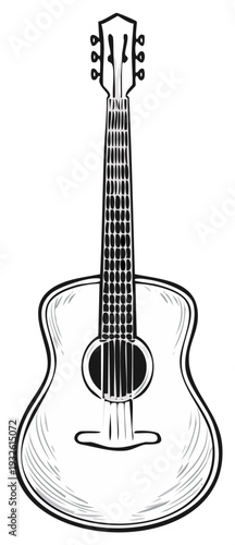 Illustration of a classic acoustic guitar with six strings and tuning pegs