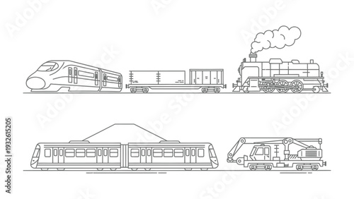 Evolution of Transportation:  A detailed line drawing showcases the evolution of locomotives, representing the progress and innovation in the transport industry.
