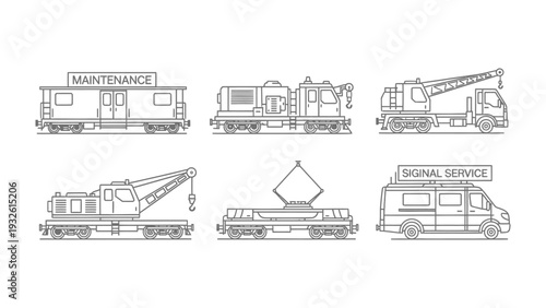 Railway Service Vehicle Illustration: A detailed illustration of various railway service vehicles, each designed for specific maintenance and signal tasks.