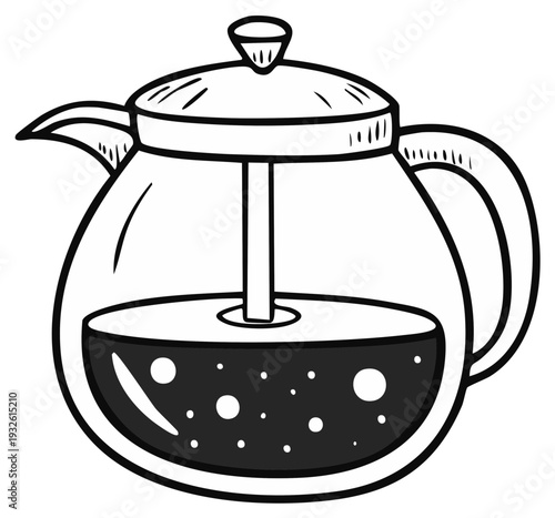 Hand drawn illustration of a glass French press coffee maker filled with dark coffee and bubbles