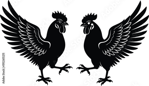 Two Black Rooster Cockfighting Stencil Vector Illustration Featuring Stylized Gamefowl With Open Wings Isolated On White Background For Traditional Sports And Cultural Symbols
