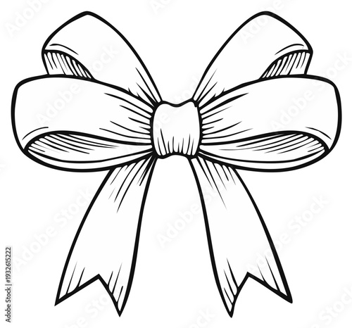 Elegant hand-drawn black and white gift bow illustration isolated, decorative element
