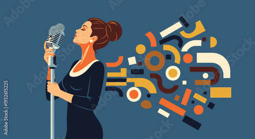 Woman Celebrating Jazz Appreciation Month with Microphone and Musical Notes in Vibrant Illustration